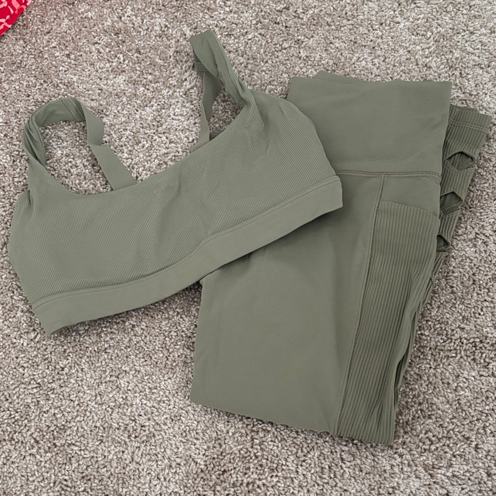 Athleta Olive Green Sports Bra and Leggings Set